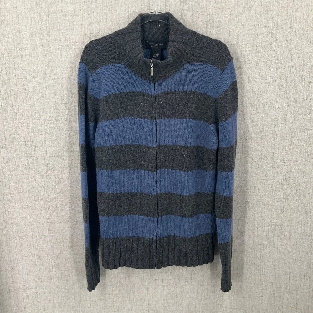 Banana Republic Cardigan Sweater Mens M Gray Blue Striped Full Zip Mock Neck